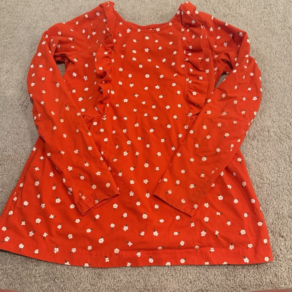 Hanna Andersson Girls Red Floral Ruffle Tunic Top Size 12 Cotton Blouse